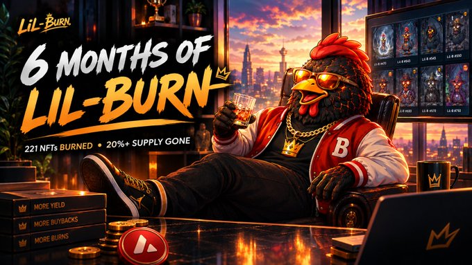 A promotional graphic for '6 Months of Lil-Burn' showing a cartoon chicken character in sunglasses and a red jacket holding a drink, advertising 221 NFTs burned and 20%+ supply gone.