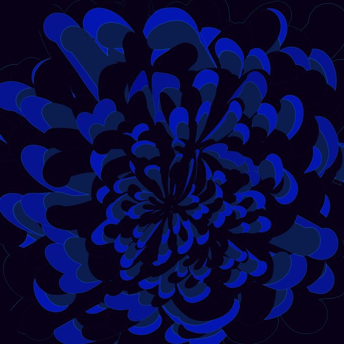 An abstract digital artwork featuring swirling, layered floral or wave-like patterns in various shades of blue and black.