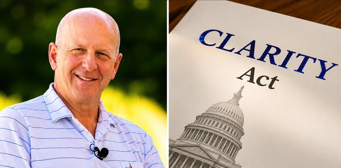 A smiling man in a light blue striped polo shirt with a lapel microphone appears alongside a document titled "CLARITY Act" featuring an image of the U.S. Capitol dome, illustrating the post's discussion of banking industry support for the proposed cryptocurrency legislation that could benefit Ripple and XRP.
