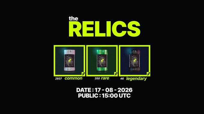 A promotional graphic for "the RELICS" NFT collection showing three tier variants (common, rare, legendary) with counts of 2937, 350, and 46 respectively, dated 17-08-2026 with public release at 15:00 UTC.