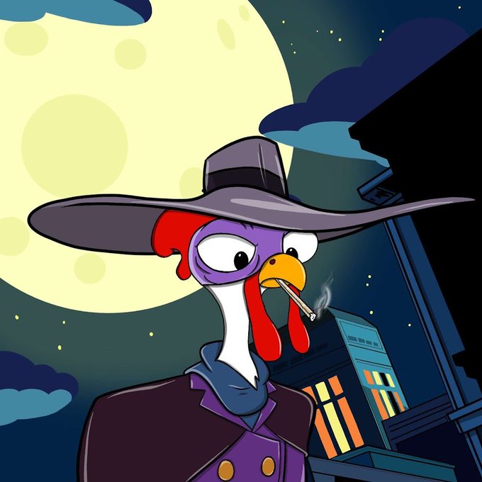Cartoon chicken character wearing a purple wide-brimmed hat and purple coat, smoking a cigarette against a nighttime cityscape with a large moon.