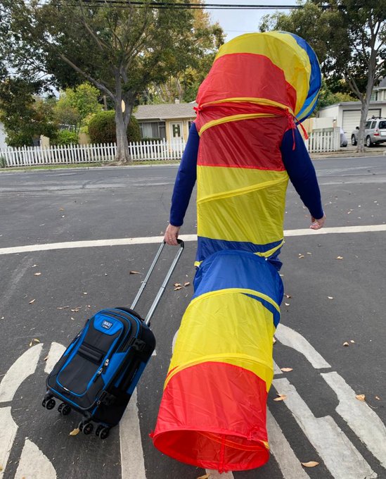 A person wearing a colorful red, yellow, and blue striped tunnel costume walks down a suburban street while pulling a black wheeled suitcase.