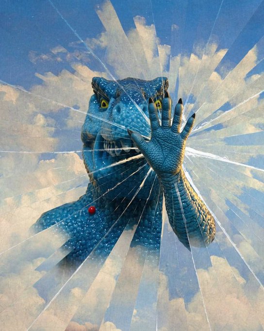 A blue scaly creature with yellow eyes raises its clawed hand as if pressing against a cracked glass surface, set against a background of clouds and sky with radiating light rays.