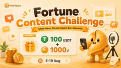 The image is a vibrant promotional banner for the "Fortune Content Challenge," offering 100 USDT plus 1000F rewards to 100 winners, with a rocket mascot and submission deadline of 5-19 Aug. It visually supports the post by showcasing Fortune's active community engagement initiative beyond just its pre-TGE campaign, highlighting the project's efforts to build user interaction and reward participation.