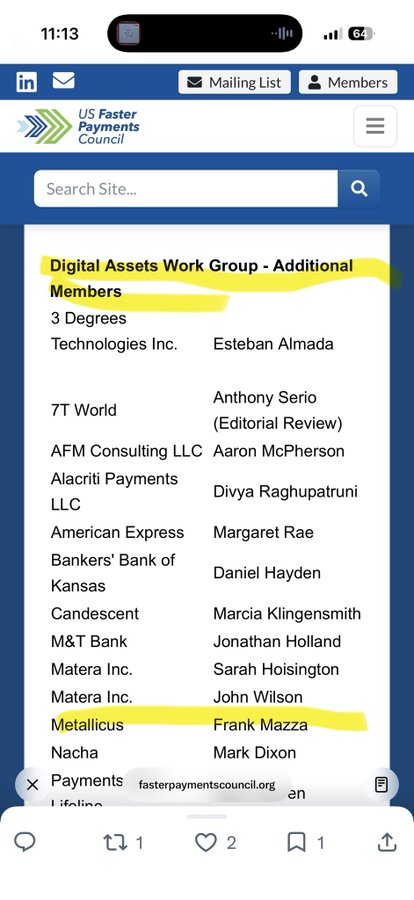 A mobile screenshot of the US Faster Payments Council website showing the "Digital Assets Work Group - Additional Members" list, with entries for companies like 3 Degrees, 7T World, American Express, M&T Bank, and Matera Inc., with "Metallicus" highlighted in yellow.