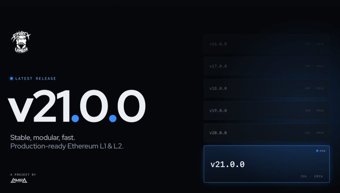 Ethrex v21.0.0 latest release announcement, showcasing a version history list with previous releases (v16 through v20) and highlighting v21.0.0 as the current stable, production-ready Ethereum L1 & L2 release from project Delta.