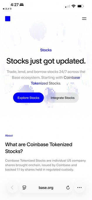 A mobile screenshot from base.org titled "Stocks just got updated," promoting Coinbase Tokenized Stocks with options to "Explore Stocks" and "Integrate Stocks," explaining that these are US company shares brought onchain, issued by Coinbase, and backed 1:1 in regulated custody—where a hidden QR code in the stock-chart graphic allegedly links to information about Coinbase's stock tokens now circulating on the Base blockchain.