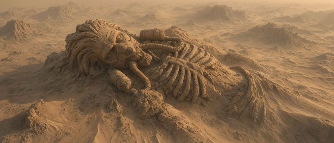 A large skeleton of an unknown creature lies half-buried in a vast, dusty desert landscape with rocky outcrops on the horizon.