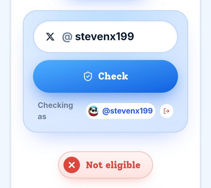 A user interface shows a check for the X account @stevenx199, displaying a blue 'Check' button and a red 'Not eligible' warning.