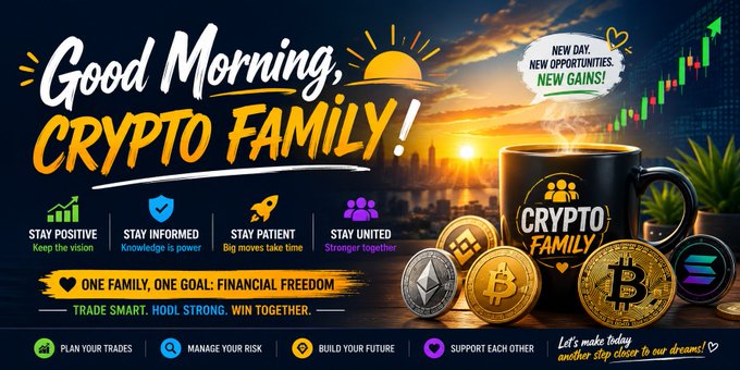 A promotional graphic titled 'Good Morning, CRYPTO FAMILY!' featuring a sunrise, a 'CRYPTO FAMILY' mug, and cryptocurrency coins, with slogans like 'STAY POSITIVE', 'STAY INFORMED', 'STAY PATIENT', 'STAY UNITED' and 'ONE FAMILY, ONE GOAL: FINANCIAL FREEDOM'.
