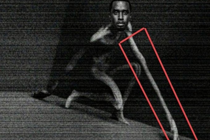 A black and white stylized photo with Sean "Diddy" Combs' face edited onto a crouching nude figure, with red lines drawn over an arm.