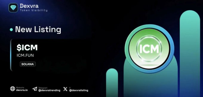 A promotional graphic from Dexrra announcing the new listing of $ICM (ICM.FUN) on the Solana network, featuring the token's green circular logo alongside stylized bar chart elements. The image aligns with the announcement that $ICM is now live on Dexrra's listing platform.