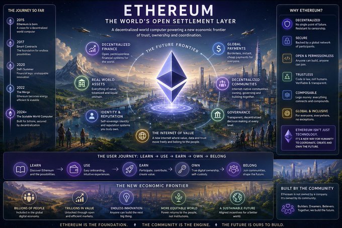 Etherium, the world's first blockchain, is depicted on a poster with a cityscape and mountains in the background, accompanied by icons representing its features.