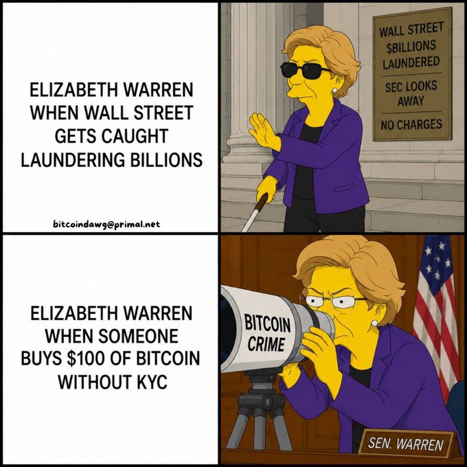 The image shows a cartoon depiction of Elizabeth Warren, wearing sunglasses and holding a magnifying glass over a sign that says "Wall Street gets caught laundering billions", with a caption below it stating "Why is this clown sticks her nose in everyone' s business? And who voted for her instead of Attorney Jonh Deaton in Massachusetts back in 2024?". The image also includes a comparison between Elizabeth Warren and Bitcoin, with the text "Bitcoin" appearing on both sides.