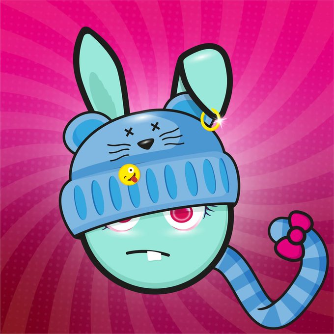 A cartoon illustration of a teal character with a sad expression wearing a blue bunny-eared beanie and a striped tail, set against a pink radial burst background.