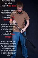 A photo of a man with a rifle overlaid with a Bible passage from 1 Peter 3:13-17 about being blessed for suffering for righteousness, asking about the 'world on fire' and the barbarians wanting to come to the speaker for help.