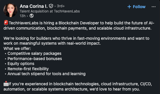LinkedIn-style job post by Ana Corina I., Talent Acquisition at TechHavenLabs, announcing that the company is hiring a Blockchain Developer to work on AI-driven communication, blockchain payments, and scalable cloud infrastructure, offering competitive salary, bonuses, equity, remote-first flexibility, and a tech stipend.