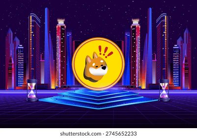 A vibrant digital illustration features a Shiba Inu dog face inside a glowing yellow coin at the center of a futuristic neon-lit cityscape at night, with hourglasses on a blue platform and a '2745652233' Shutterstock watermark visible.