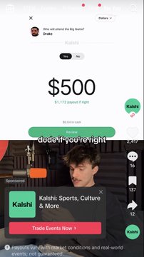 A mobile app interface shows a transaction of $500 (1,172 piped Figs) sent to a user named 'Drake' who was selected by Big Game, with sponsorship options for Kalshi featuring a photo of a young man.