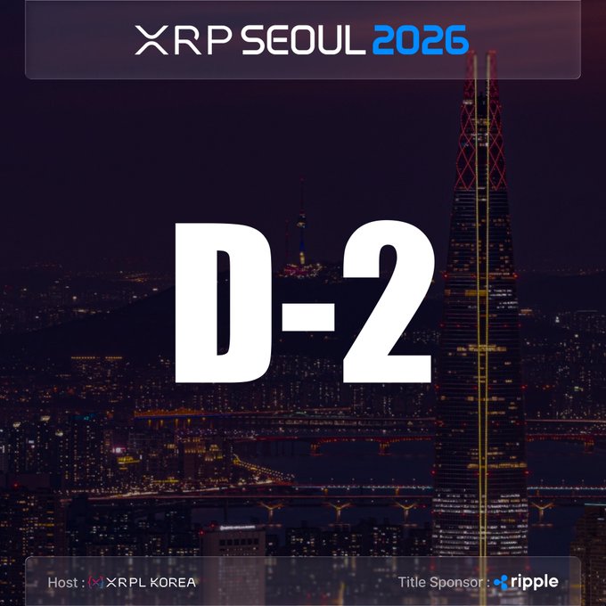 A promotional poster for 'XRP SEOUL 2026' featuring a large 'D-2' countdown text over a nighttime cityscape with a tall skyscraper, hosted by 'XRPL KOREA' and titled sponsored by 'ripple'.