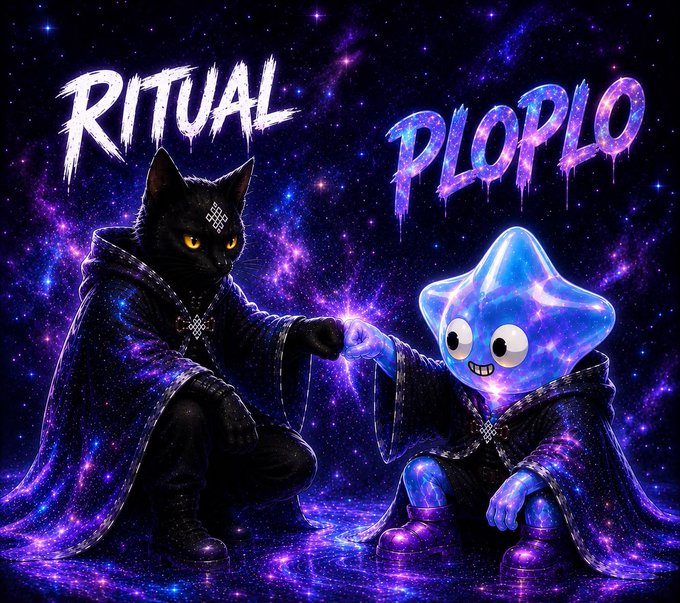 Cosmic-themed artwork labeled 'RITUAL' and 'PLOPLO' showing a black cat with glowing yellow eyes and a blue star-shaped character, both wearing starry purple cloaks against a galaxy background.