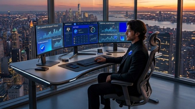 A man in a dark suit sits at a desk with multiple monitors displaying charts and data, looking out a large window at a city skyline at dusk.