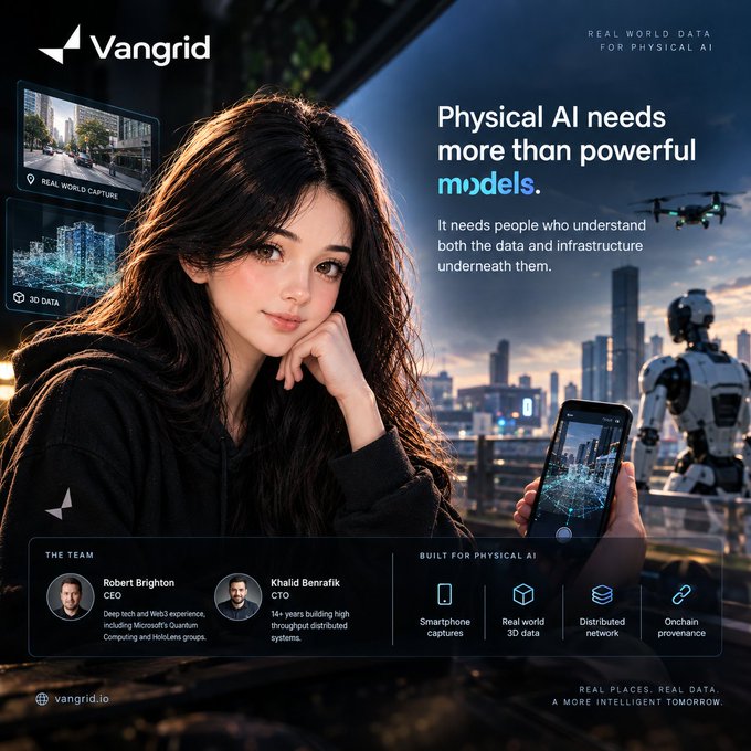 A Vangrid promotional graphic titled 'Physical AI needs more than powerful models' featuring a woman holding a smartphone displaying city data, alongside team members Robert Brighton and Khalid Benraflik.