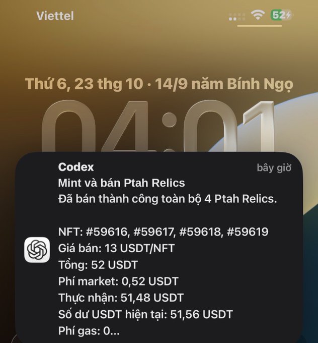 A Vietnamese phone notification from “Codex” says “Mint và bán Ptah Relics,” listing NFTs #59616–#59619, price “13 USDT/NFT,” “Tổng: 52 USDT,” “Phí market: 0,52 USDT,” “Thực nhận: 51,48 USDT,” and “Số dư USDT hiện tại: 51,56 USDT.”