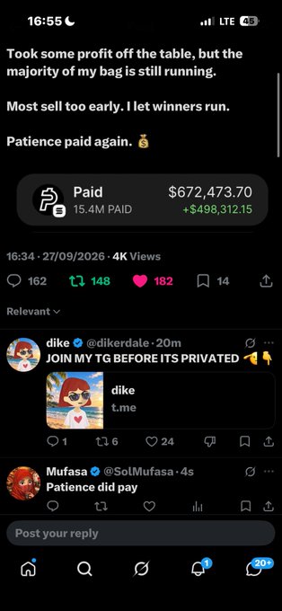A Twitter/X post by a user showing trading profits of $672,473.70 with +$498,312.15 gain, captioned 'Took some profit off the table... Patience paid again' with replies from @dikerdale promoting a Telegram group and @SoIMufasa saying 'Patience did pay'.