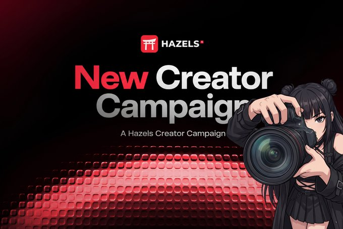 A promotional graphic for the Hazels Creator Campaign features an anime-style character holding a camera against a black and red pixelated background, with bold text reading "New Creator Campaign" and the Hazels logo at the top, directly matching the announcement of the new campaign offering 7,500 USDT in rewards.