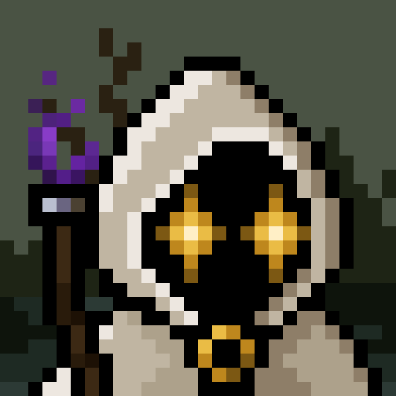 Pixel art style illustration of a hooded grim reaper figure holding a staff topped with a purple flame, featuring glowing yellow star-shaped eyes.