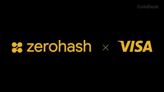 A black graphic displays the logos of Zerohash and Visa side-by-side in gold, separated by an "x" symbol, with the CoinDesk watermark in the top right corner—visually representing the partnership announced between the two companies to expand stablecoin payout capabilities on Visa Direct.
