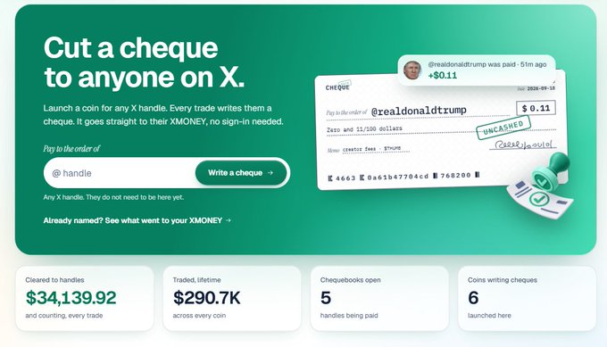 The image displays a website promoting a service that allows users to "Cut a cheque to anyone on X," showing an example cheque made out to @realdonaldtrump for $0.11, with stats including $34,139.92 cleared across handles and 5 chequebooks open. The interface relates to the post's mention of $cheque and $paid as competing ticker concepts, with both being featured as payment mechanism features tied to X (Twitter) handles.