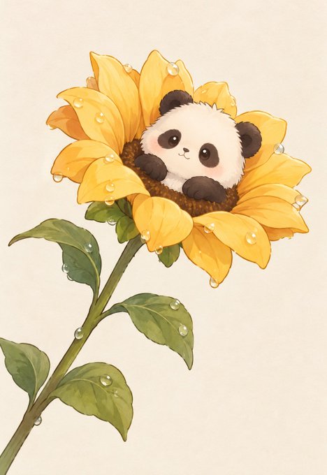A cute digital illustration of a baby panda sitting inside the center of a large yellow sunflower with dewdrops on the petals and green leaves on the stem, set against a plain cream-colored background.