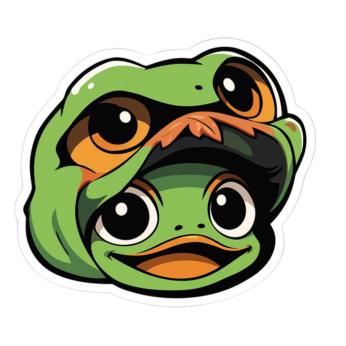 A cartoon sticker illustration of a green frog/dog hybrid creature with large eyes and an orange mouth.