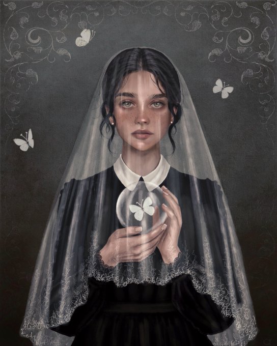 A digital portrait of a somber young woman wearing a sheer lace veil and dark dress, holding a glass orb containing a glowing butterfly with other butterflies fluttering around her.