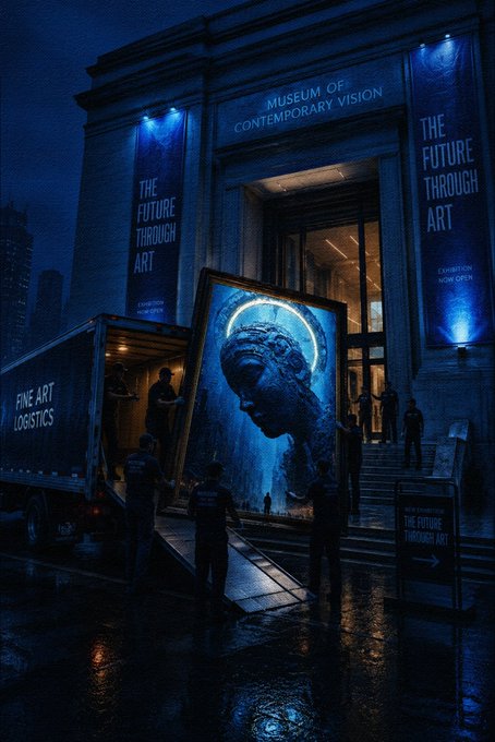 The image features a group of people standing outside an art museum, with one person holding up a large painting that has been wrapped in plastic for protection during transport. The painting depicts a woman's face, which appears to be blue. The group is gathered around the artwork, possibly discussing its details or admiring it before it is displayed at the museum.