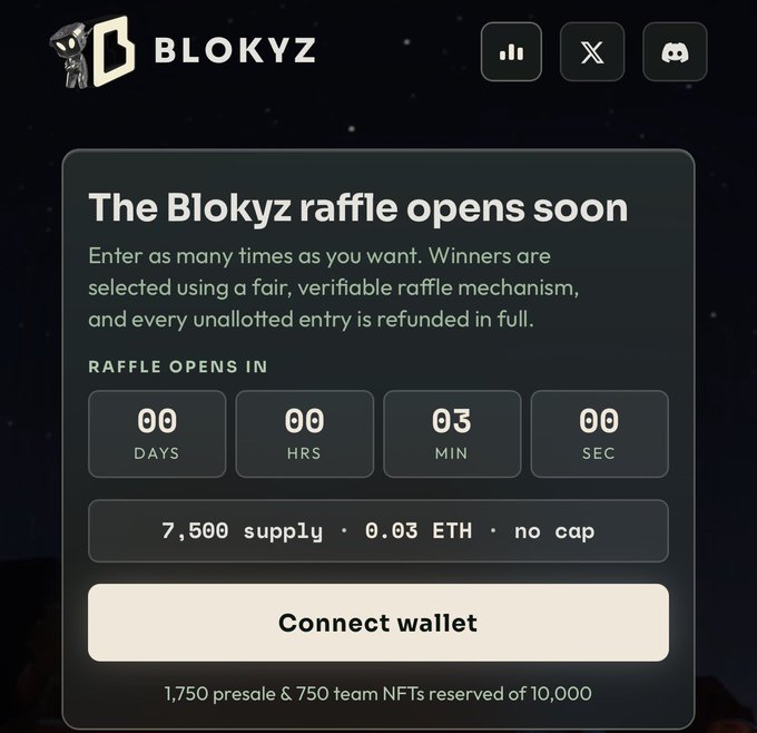 A promotional graphic for 'BLOKYZ' announcing a raffle with a countdown timer, offering '7,500 supply' at '0.03 ETH', featuring a 'Connect wallet' button.