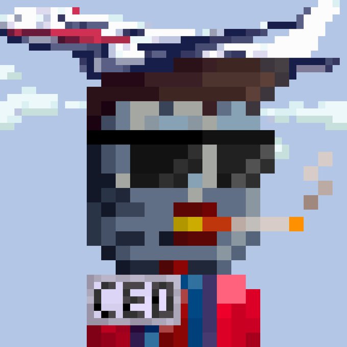 A pixel art character with sunglasses, a striped hat, and a cigarette, labeled 'CEO' on their clothing.