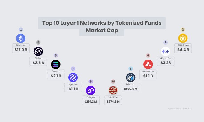 An infographic titled 'Top 10 Layer 1 Networks by Tokenized Funds Market Cap' ranking Ethereum ($17.0B) first, followed by BNB Chain ($4.4B), Stellar ($3.5B), zkSync Era ($3.2B), Solana ($2.1B), Avalanche ($1.1B), injective ($1.1B), Polygon ($297.3M), Sei EVM ($274.9M), and Arbitrum ($909.6M), sourced from Token Terminal.