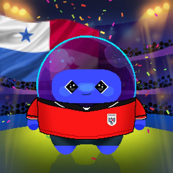 An illustration of a blue character wearing a red 'PANAMA' jersey in a stadium setting with the Panama flag and confetti in the background.