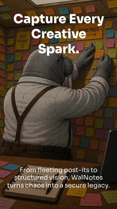 Advertisement featuring a hippo character writing on sticky notes, with text reading "Capture Every Creative Spark." and "From fleeting post-its to structured vision, WalNotes turns chaos into a secure legacy."