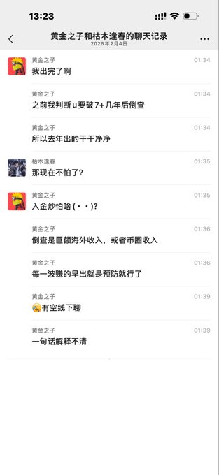 A Chinese chat screenshot between "黄金之子" and "枯木逢春" dated 2026年2月4日 at 13:23, where 黄金之子 explains that tax audits will likely come 7-8 years later, so he previously cleaned up last year, noting that real overseas income or crypto income is the main target, and suggesting they meet offline to discuss further. The post contextualizes this as a warning that ordinary small investors have little to worry about since authorities will focus on larger money flows exiting through US stocks and Hong Kong channels.