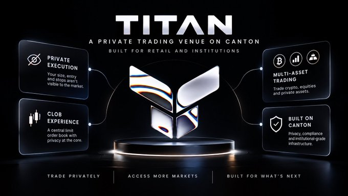 A promotional graphic for TITAN, described as 'A Private Trading Venue on Canton' built for retail and institutions, highlighting features like private execution and multi-asset trading.