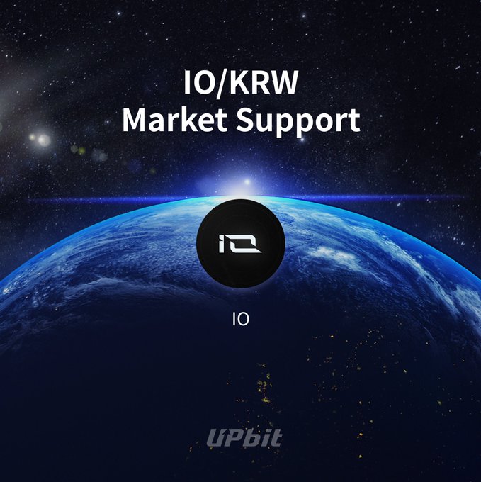 The image features a planet with stars, set against a dark blue background. The title of the image reads "Ionet(IO) KRW Market Trading Support Notice Supported Market: KRW Market Trading Support Start Time:  2026-05-29 18:30 KST Announcement Direct Link: upbit.com/service_center #Upbit".