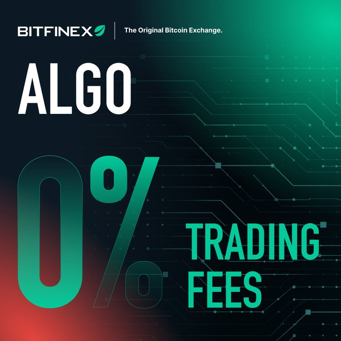 A promotional graphic from Bitfinex, "The Original Bitcoin Exchange," advertises a 0% algo trading fee in bold white and green typography against a dark background with circuit-board-like patterns. The visual reinforces the post's message that algorithmic trading strategies on Bitfinex incur zero fees across every execution and deployment.