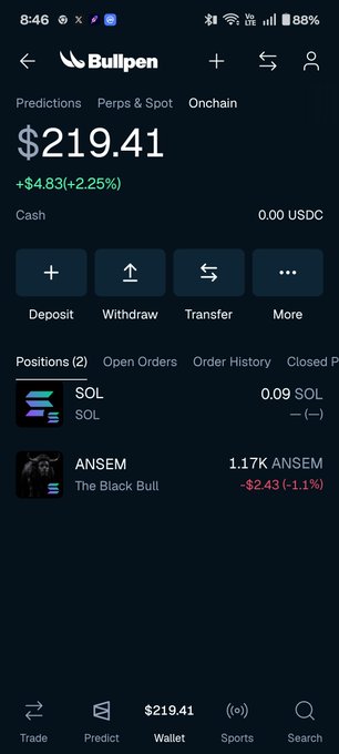 A screenshot of the Bullpen app showing a wallet balance of $219.41 (+$4.83/+2.25%) with two positions: 0.09 SOL and 1.17K $ANSEM, illustrating the user's newly created account and the ANSEM community they joined.