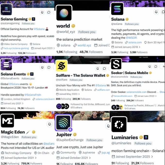 The image shows a collection of verified Solana-related Twitter/X accounts including @solana (3.9M followers), @solanaGaming (133.3K), @world (48.7K), @solanaevents (74.3K), @solflare (265.1K), @solanamobile (396.2K), @MagicEden (799.1K), @JupiterExchange (616.8K), and @Luminaries (21.2K), representing the broader Solana ecosystem. The accompanying post about "Solana Stones" suggests the user has collected profile pictures from these major Solana community accounts as a tribute or achievement.