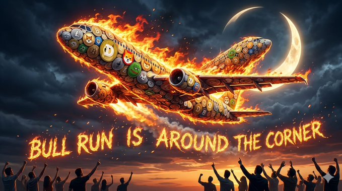 An AI-generated illustration shows an airplane covered in cryptocurrency logos on fire against a dark sky with a crescent moon, with text reading 'BULL RUN IS AROUND THE CORNER' above silhouetted cheering crowds.