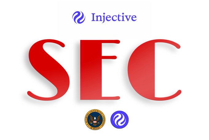 The image displays the red "SEC" acronym prominently, with the Injective logo above and both the U.S. Securities and Exchange Commission seal and Injective logo below. It visually frames Injective ($INJ) as a key player in the SEC's evolving stance on tokenization, aligning with the post's narrative about INJ's dominance in tokenized real estate and the SEC's potential approval of tokenized stock trading venues.